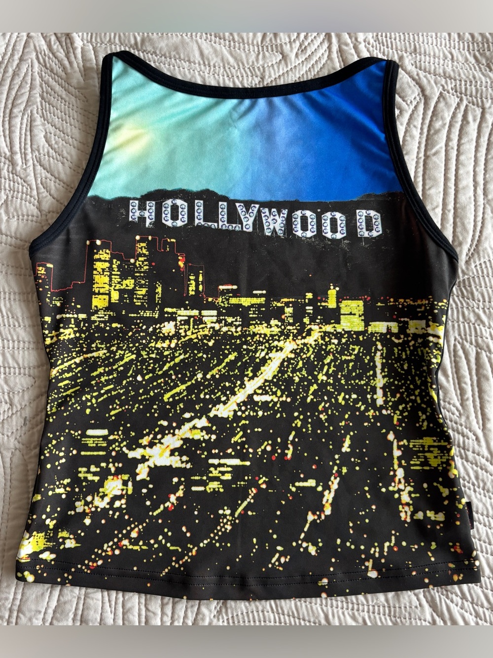 KOS USA Y2K Hollywood City Lights Graphic Tee Tank Top Sleeveless Black VTG L